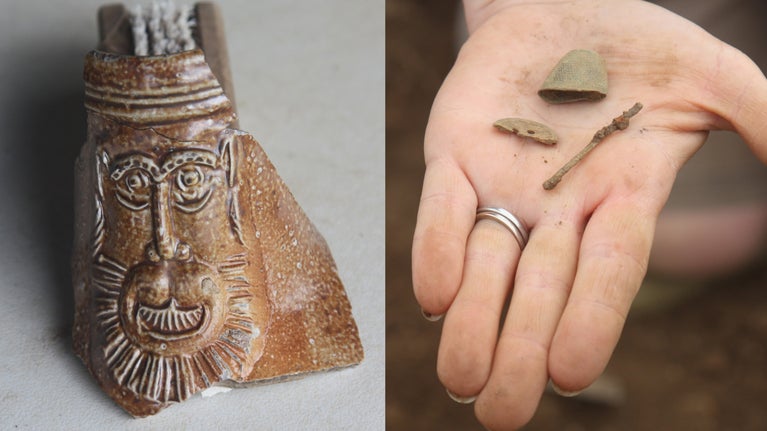 A composite image showing a 10cm piece of a brown ceramic jug with a deeply embossed face of a bearded man, alongside is a hand holding a needle, a bent thimble and a broken horn button from an archaeological dig